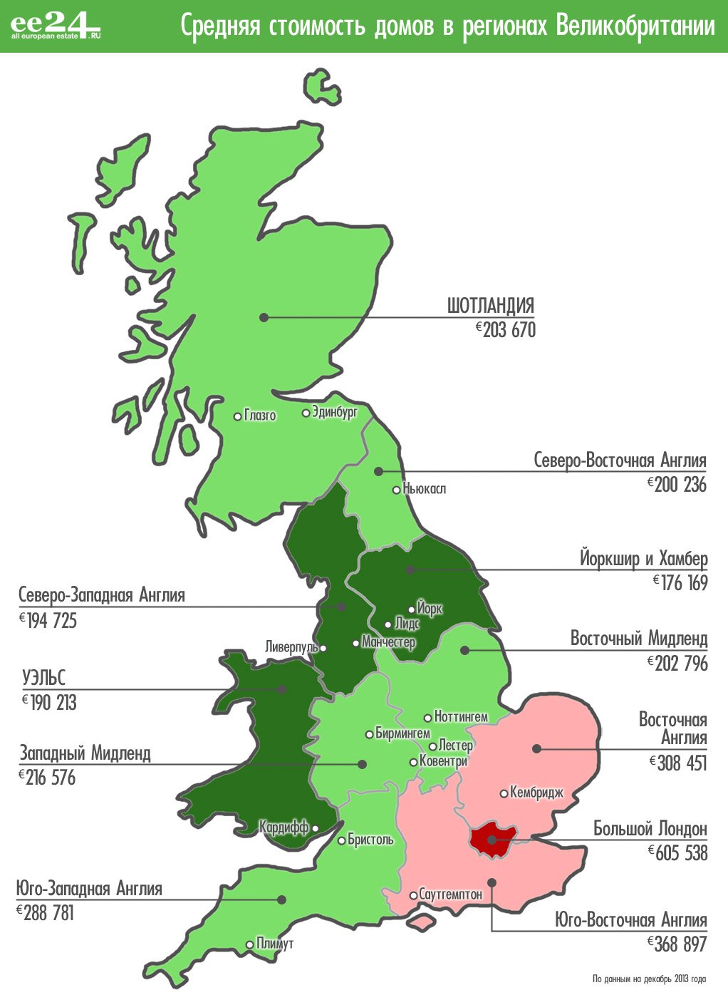 Карта со средней стоимостью недвижимости в городах Великобритании